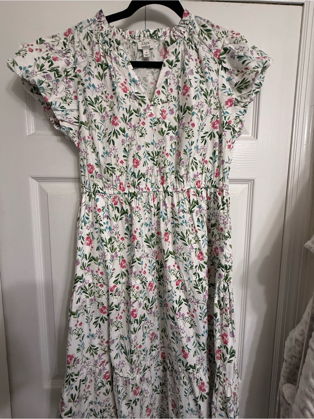J. Crew White Floral Midi Dress with Pink and Green Accents